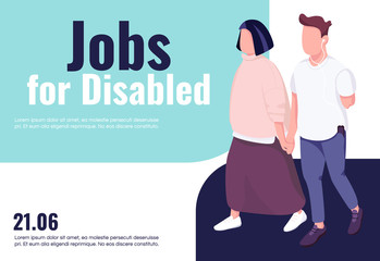 Jobs for disabled banner flat vector template. Brochure, poster concept design with cartoon characters. Handicapped people inclusion and accessibility horizontal flyer, leaflet with place for text