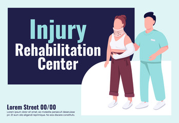Injury rehabilitation center banner flat vector template. Brochure, poster concept design with cartoon characters. Physical traumas treatment horizontal flyer, leaflet with place for text