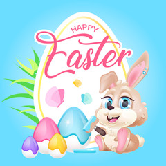 Cute Easter rabbit kawaii character social media post mockup. Happy Pascha lettering. Positive poster, card template with hare animal. Pysanka making content layout. Print, kids book illustration