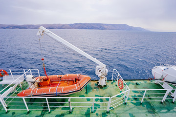 Sailing transportation. Deck of the ferry boat.