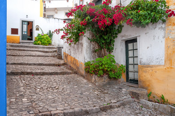 Fototapeta na wymiar Streets of Obidos. Portugal. Stonewalled city with medieval fortress. Obidos - famous tourist destination in Portugal for its architecture and history. 