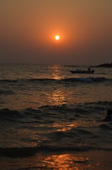 Beautiful sunset on the Arabian Sea. Vacation concept in India. North Goa. February 2020