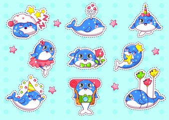 Cute Cartoon Whales Sticker Set Flat Cartoon Vector Illustration. Adorable Little Blue Animal Collection in Different Positions. Characters Sleeping, Water Fountain, with Rainbow Horn, Tourist.