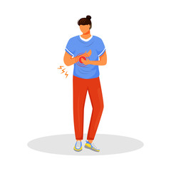 Joint pain flat color vector faceless character. Man strained hand muscle. Guy with arm pain. Unwell person suffering inflammation. Symptom of disease isolated cartoon illustration