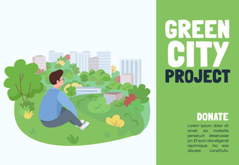 Green city project banner flat vector template. Brochure, poster concept design with cartoon characters. Urban gardening event, buildings landscaping horizontal flyer, leaflet with place for text