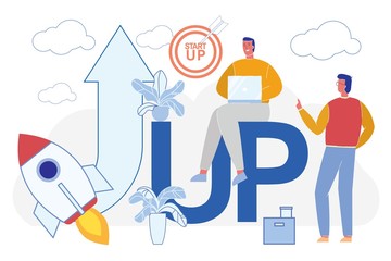Successful Start Up Project Command Managers, People Cartoon Characters. Financial Growth and Development - Rocket and Pointing Up Arrow. Team Work on Business Launch. Flat Vector Illustration.