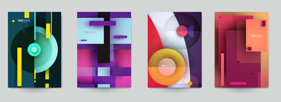 Set of minimal template in paper cut style design for branding, advertising with abstract shapes. Modern background for covers, invitations, posters, banners, flyers, placards. Vector illustration.