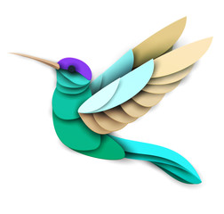 Abstract flying hummingbird isolated on white background. Creative 3d concept in craft paper cut style. Colorful minimal design character. Original vector cartoon illustration. © cgterminal