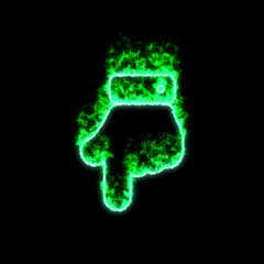 The symbol hand point down burns in green fire
