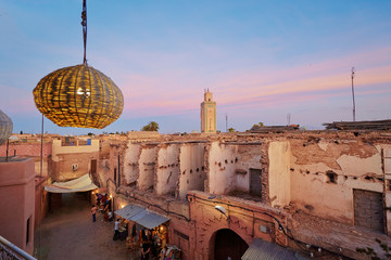 View of Marrakesh Old Town from the roof top terrace. Marrakech Medina, Morocco, Africa.