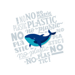 Web template Stop plastic pollution! Vector flat illustration for World Environment Day. A whale swims in in a circle with lettering. Harm to nature. Banner design.