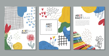 Set of vector modern artistic posters with hand drawn textures, plants, leaves and cut out paper shapes.