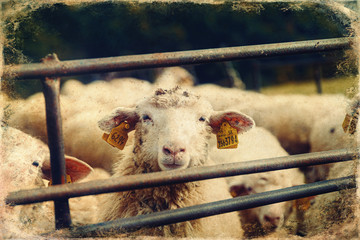 white sheeps in a pen looking at camera old photo effect.
