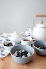 Tasty breakfast of Tvorog, farmers cheese, curd cheese or cottage cheese and blueberries in gray bowls. 