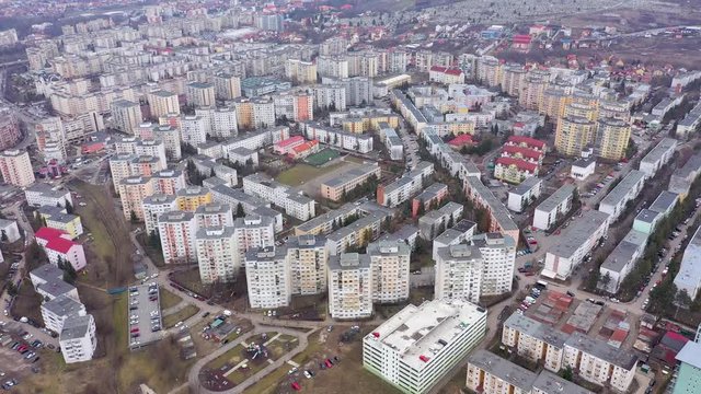 Aerial view of Manastur neighborhood residential area, real estate, demographic explosion,  agglomeration of flat of blocks built in the Communist period of dictator Ceausescu in Cluj Napoca, Romania