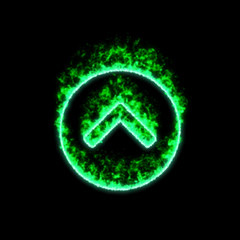 The symbol chevron circle up burns in green fire