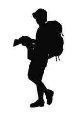 Male tourist with backpack silhouette vector