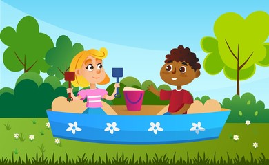 Obraz na płótnie Canvas Children Characters in Sandbox, Game Flat Cartoon Vector Illustration. Two Happy Smiling Kids Friends Playing Together in Sand Pit with Bucket and Shovel Toys. Summertime Activity.