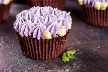 Delicate and beautiful chocolate cupcakes with cream, mint, cinnamon sticks, tea on the table.
