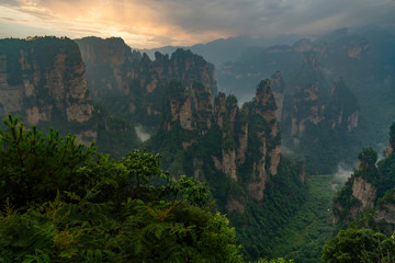 Sunset in Yellow Stone Stronghold (Huangshi Zhai) and Golden Whip Stream (Jinbian), Yuanjiajie Scenic Area