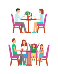 Man and woman eating in rich restaurant vector, table with vase and flowers, champagne bottle and romantic atmosphere. Family child eating ice cream