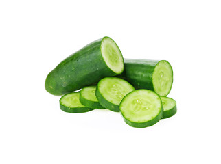 Cucumber and slices isolated over white background.