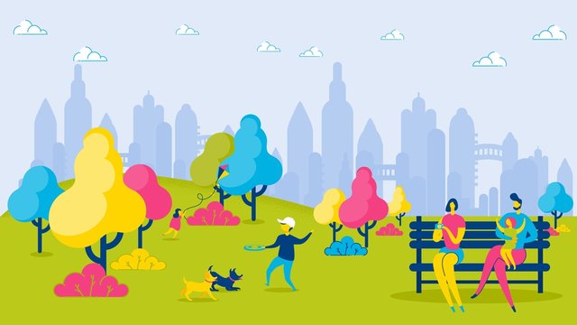 Cartoon Family in City Park Vector Illustration. Father Mother Son Daughter Relax Nature Outdoors. Boy Play Frisbee with Dog. Woman Man Sit Bench, Take Picture Photo. Weekend Leisure