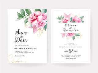 Fototapeta na wymiar Wedding invitation card template set with watercolor floral arrangements and border. Flowers decoration for save the date, greeting, rsvp, thank you, poster, cover, etc. Botanic illustration vector