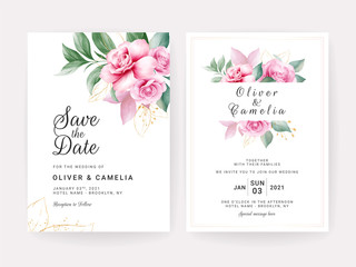 Wedding invitation card template set with watercolor floral arrangements and border. Flowers decoration for save the date, greeting, rsvp, thank you, poster, cover, etc. Botanic illustration vector