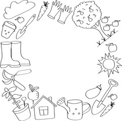 Garden symbols for website design in doodle style. The art line for children's coloring is drawn from black outlines.