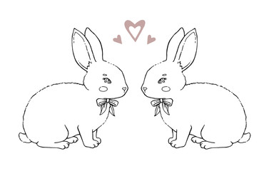 Lovely vector animation rabbit bunny hare with a bow in love is isolated on a white background. Children fantastic handwork drawing