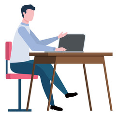 Broker consultation or helping, man worker sitting on workplace with laptop. Employee communication with computer, professional insurance, agent vector