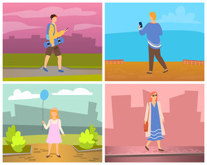 People going in city with smartphone, man with skateboard. Female character walking outdoor, little girl holding balloon, person and building view vector