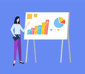 Presenter showing infochart and diagram on board, full length view of woman standing near chart report, rising arrow, discussion statistic vector