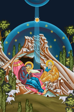 Jesus birth. Bright christmas religious illustration in Byzantine style