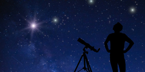 Amateur astronomer looking at the stars with a telescope. Astronomy and astrology concept.