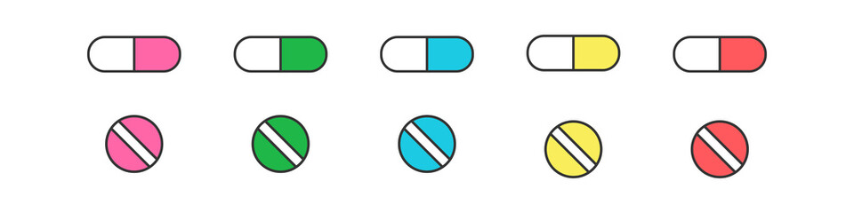Vector pills and capsules banner. Medicines, tablets, capsules, drug of painkillers, antibiotics, vitamins and small bottle. Health care medical and vector illustration.