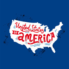 Obraz premium United States of America. Happy 4th of July. Independence Day. Vector flat illustration template. Celebratory lettering on background of the American map. Cracks can be removed.