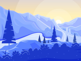 Landscape in blue and yellow colors. River, mountains, bushes and trees. Flat style vector illustration.