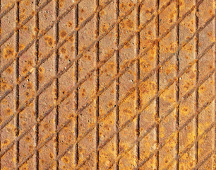 Grunge rusted drain cover background with diamond pattern. Oxidized iron panel. Texture or backdrop. Rusty manhole cap, corrosion manhole cover, hatch