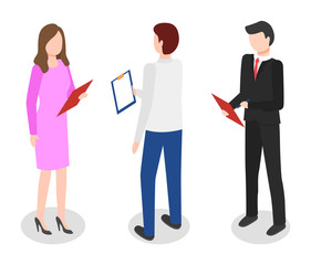 People stand together and talking. Conversation of colleagues at office. Managers meeting about finances and data analysis. Men and women work as analyst or financier. Vector illustration, isometric