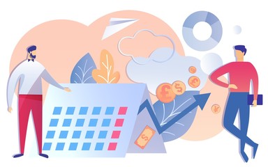 Cartoon Client Discuss Project Term Date with Man Worker. Man Report Financial Income Money Increase Vector Illustration. Manager Planning Task Schedule Calendar. Working Productivity