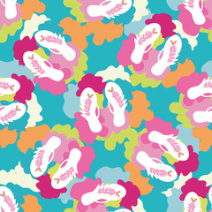 Flip flop shoe seamless vector pattern background. Elegant sandals and abstract flowers tropical backdrop. Modern multicolor illustration. All over print for beach wedding, vacation resort concept