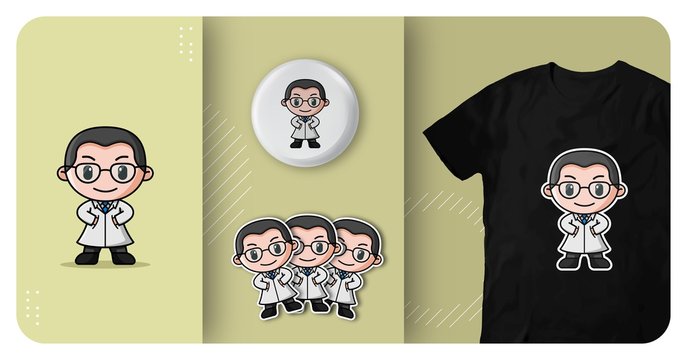 Cute Doctor Wear Coat Logo Character Mascot T Shirt Badge And Sticker Design