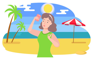 Woman on weekends traveling to coast vector, female character taking photo on smartphone. Sunshine at beach, seaside coast with palm tree and umbrella for shade