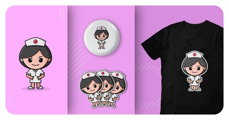 cute nurse with white uniform logo character mascot t shirt badge and sticker design