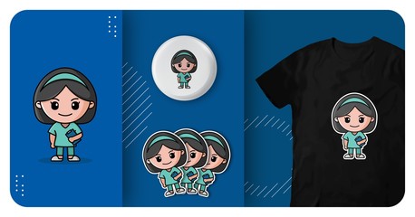 cute nurse logo with green uniform character mascot t shirt badge and sticker design