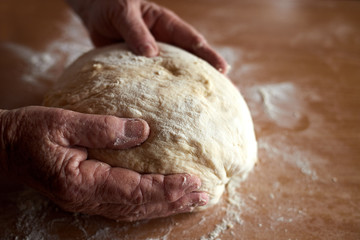 Grandmother's hands knead homemade dough for baking bread.