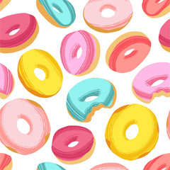 Tasty colorful donuts with glaze and sprinkles. Hand drawn seamless pattern on white background.