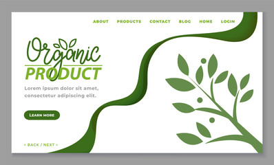 Organic product or healthy food blog online. Landing page with green branch with leaves on white. App slider shop vegetable and fruit. Website or webpage template in flat design style vector